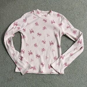 Girls Abercrombie Mock Turtleneck White Long Sleeve Top with Pink Bow Print